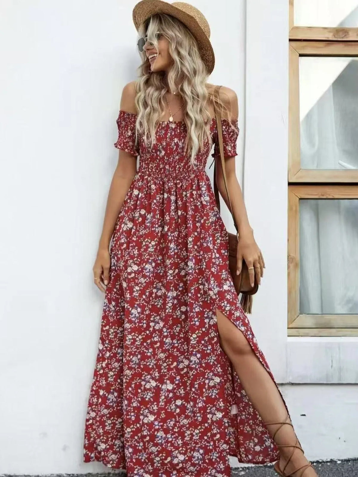 Off-Shoulder Smocked Floral Midi Dress