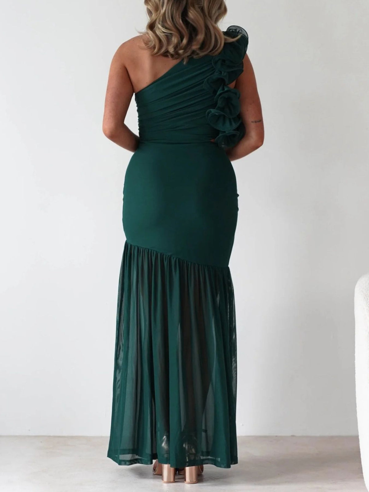 One-Shoulder Ruffle Trim Maxi Dress