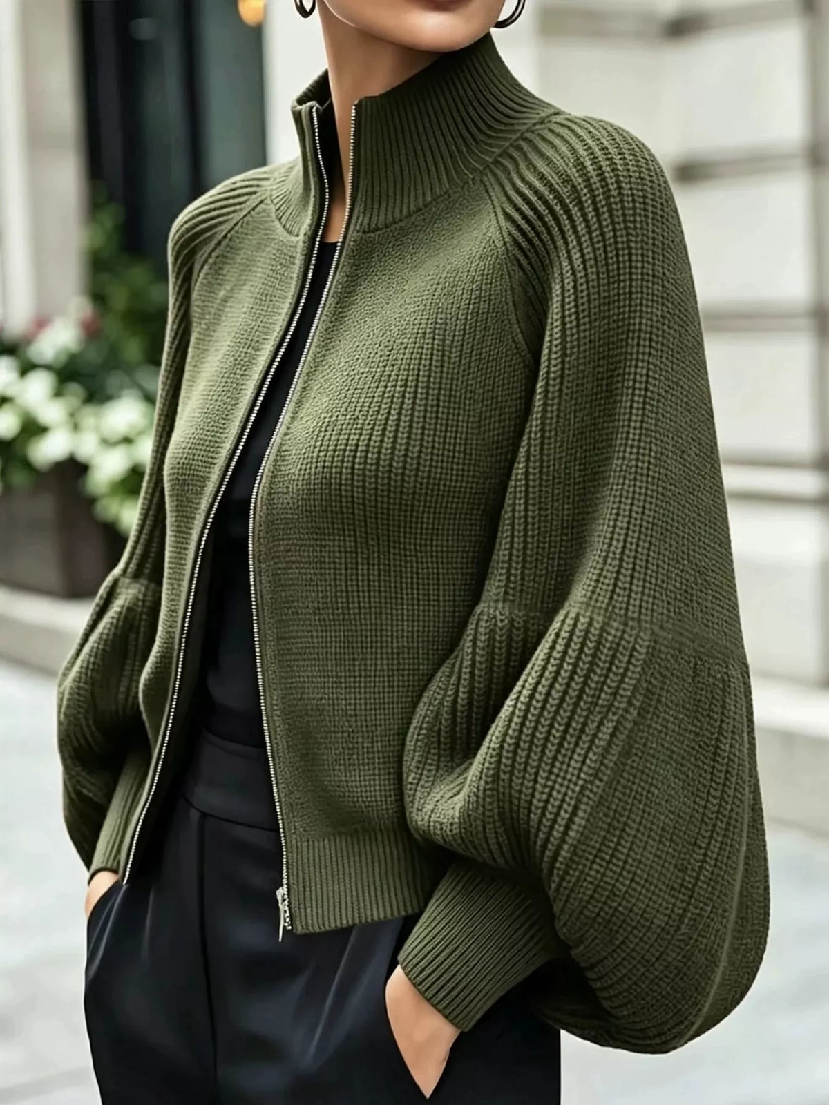 Ribbed Knit Zip-Up Cardigan with Lantern Sleeves