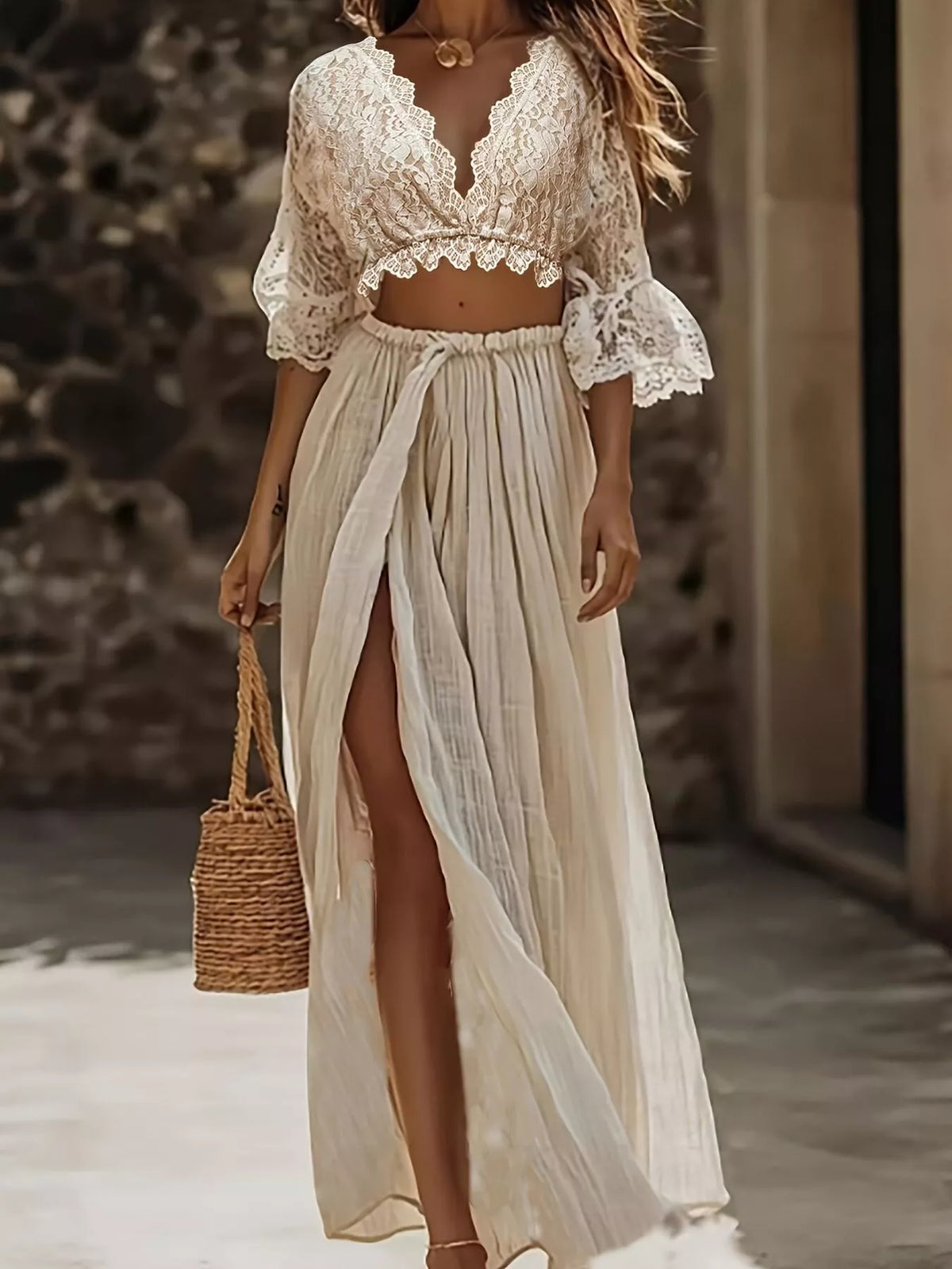 Lace Crop Top and Slit Maxi Skirt Set in Apricot