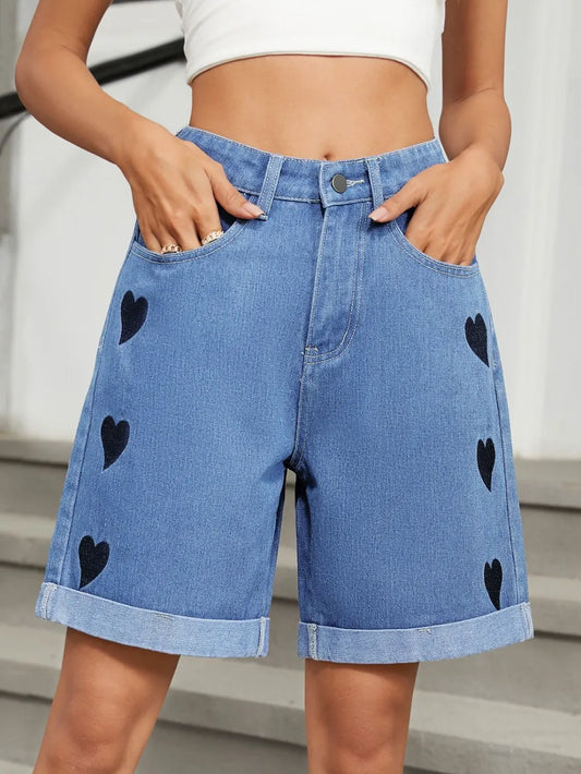 Heart-Pattern Rolled Hem Denim Shorts in Medium Wash by Moni Wear