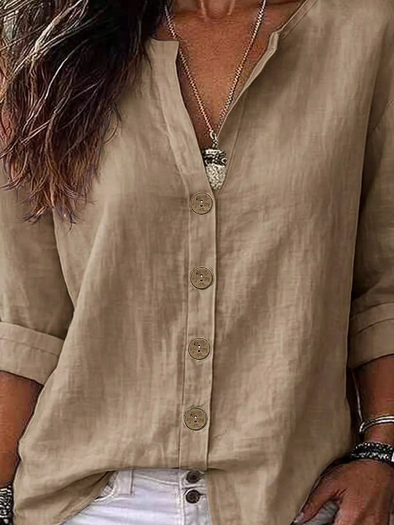 V-Neck Button-Up Long Sleeve Shirt