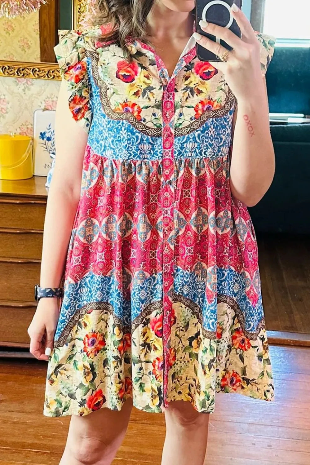 Floral Ruffle Flutter Sleeve Buttoned Dress