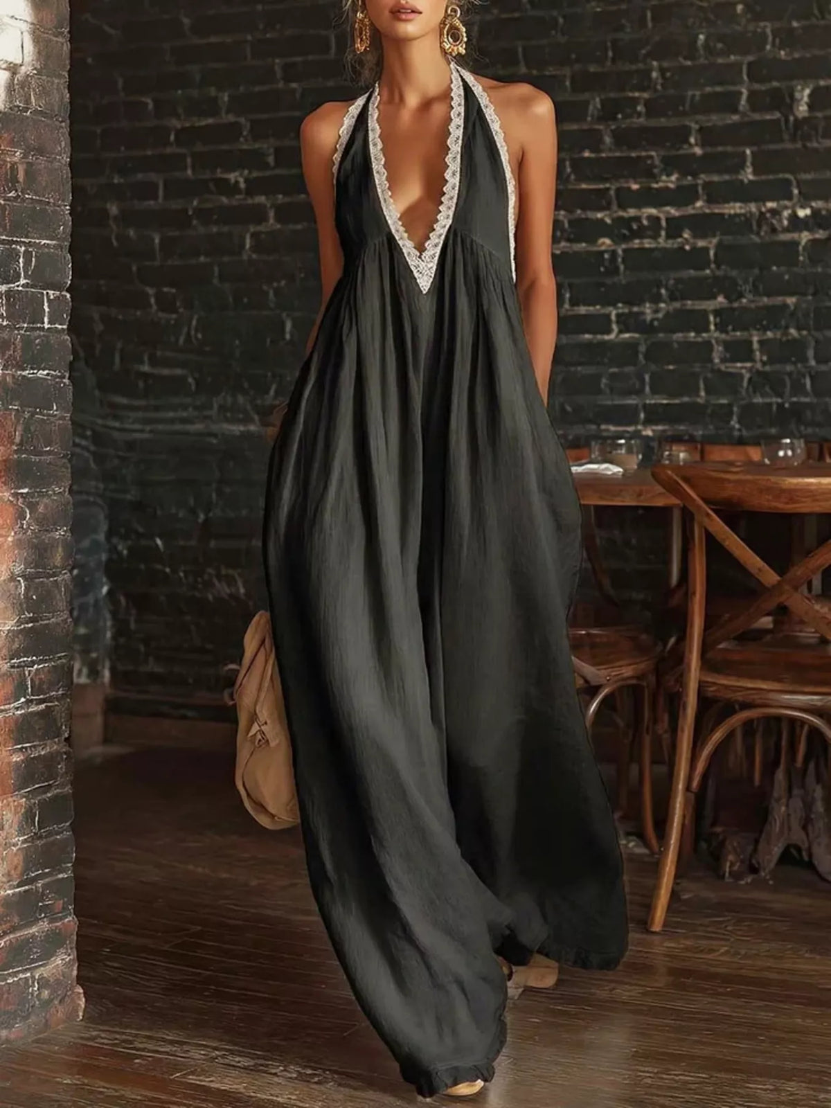Halter Neck Lace-Trim Wide-Leg Jumpsuit