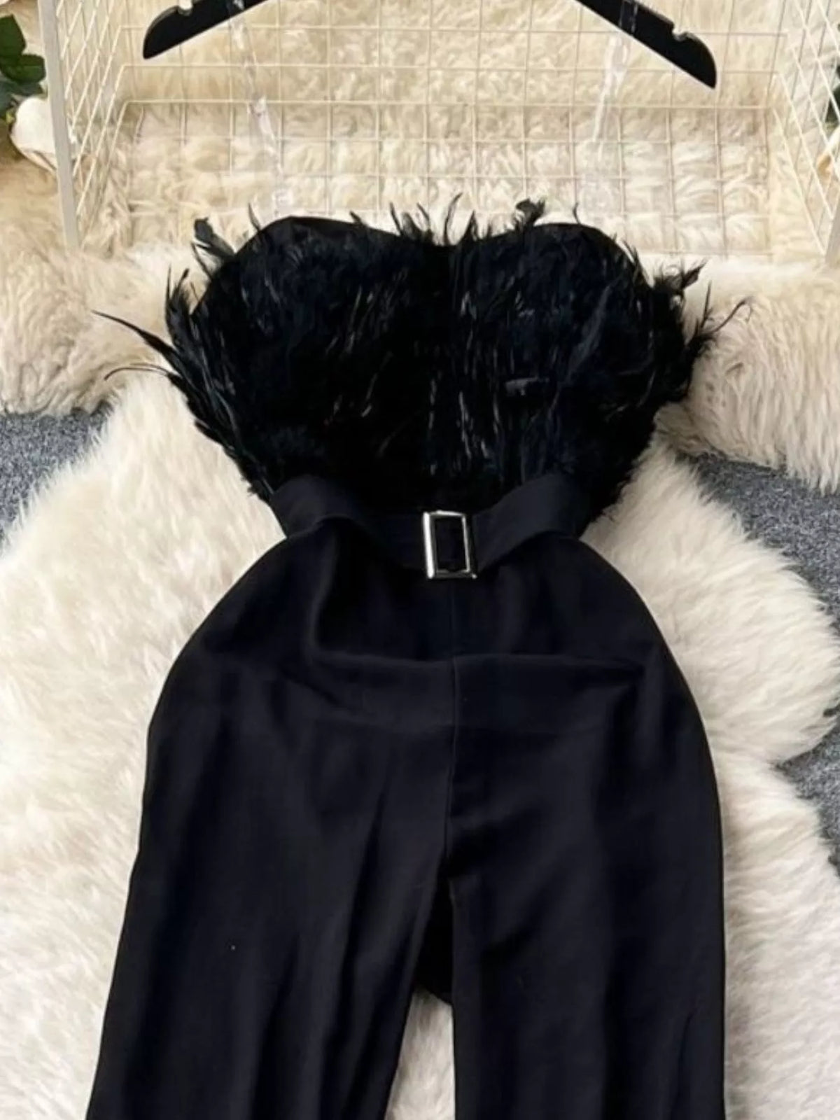 Feather-Trim Strapless Wide Leg Jumpsuit