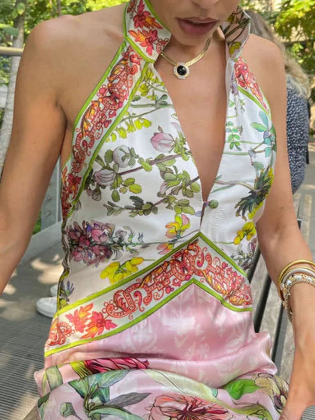 Printed Halter Neck Backless Maxi Dress in Color