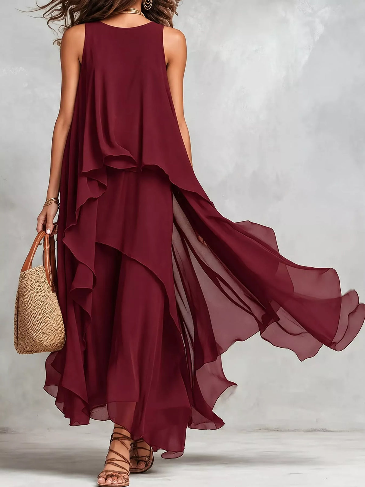 Ruffled Round-Neck Sleeveless Maxi Dress