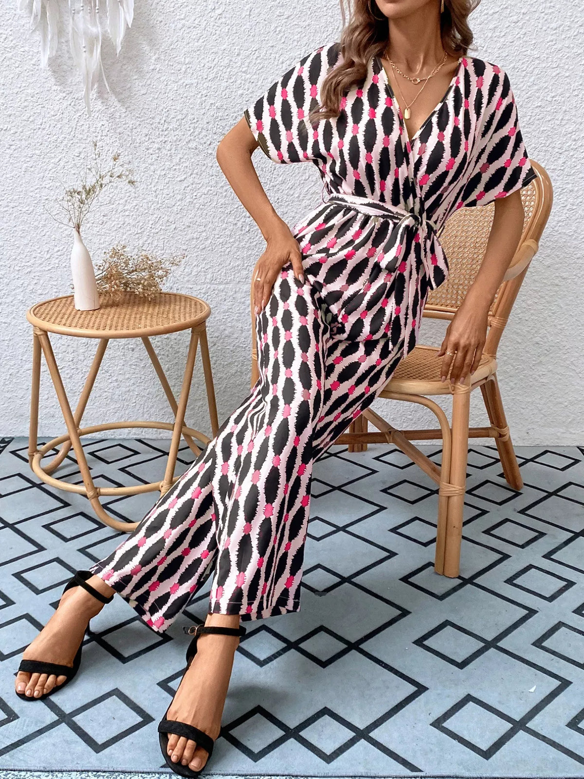 Surplice Tie Waist Short Sleeve Jumpsuit