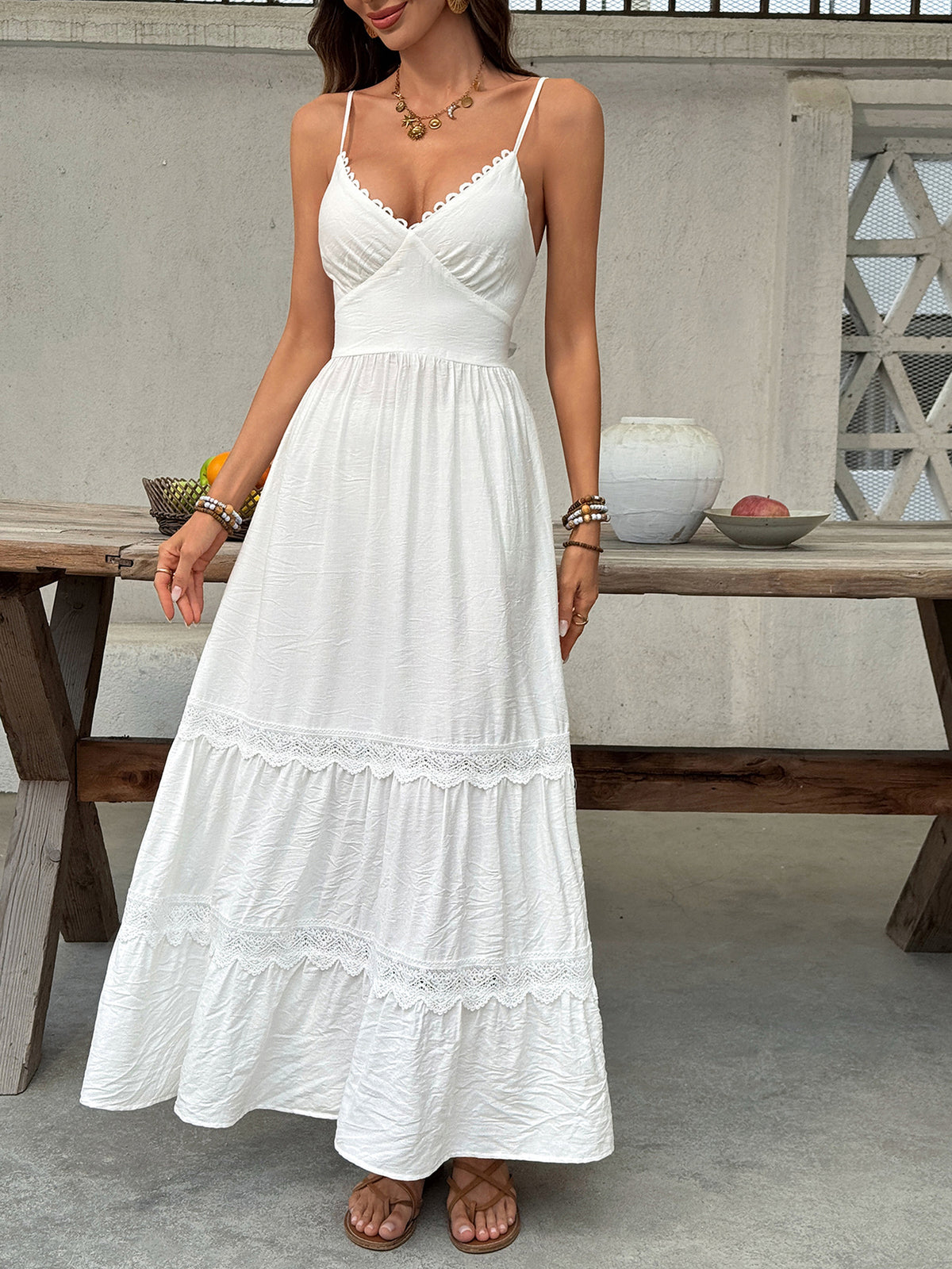 Lace Detail V-Neck Tiered Maxi Dress in Gray/White