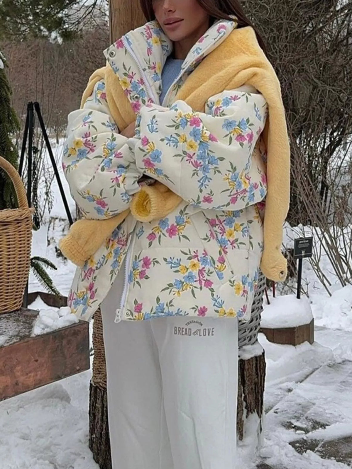 Floral Print Puffer Jacket in White by Prisca