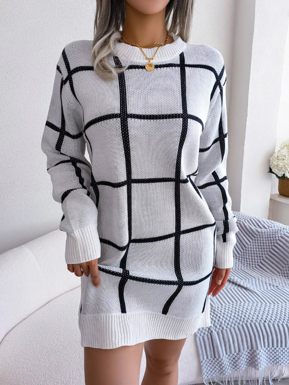 Plaid Long Sleeve Sweater Dress by Clise