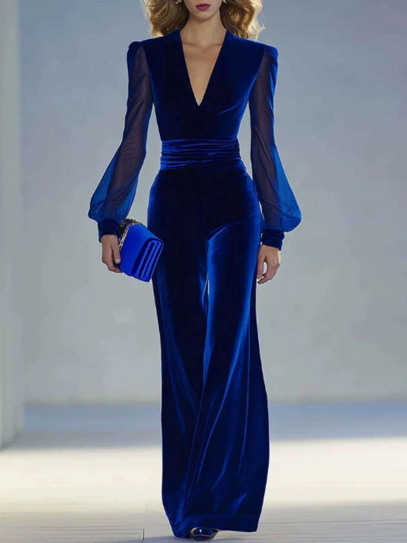 Velvet Wide Leg Jumpsuit in Dark Blue