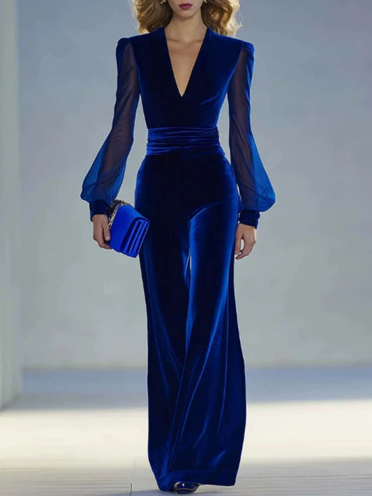 Velvet Wide Leg Jumpsuit in Dark Blue
