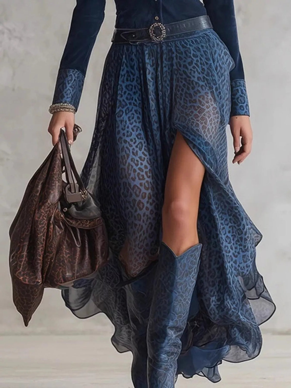 Leopard Print Button Front Maxi Dress in Navy Blue