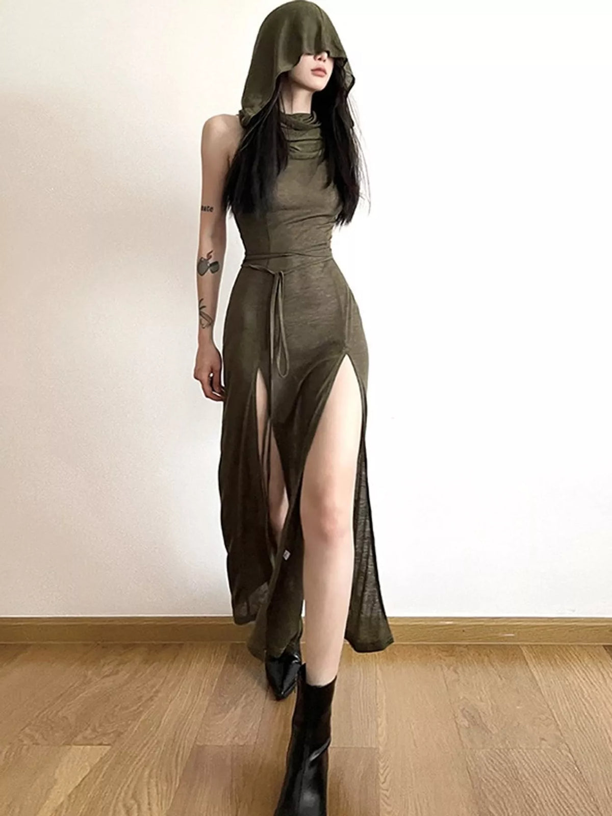 Sleeveless High-Slit Hooded Maxi Dress