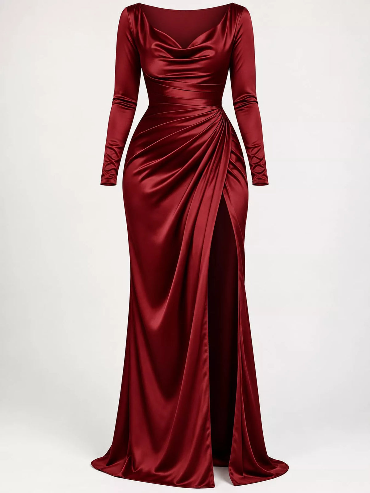 Satin Cowl Neck High-Slit Evening Maxi Dress