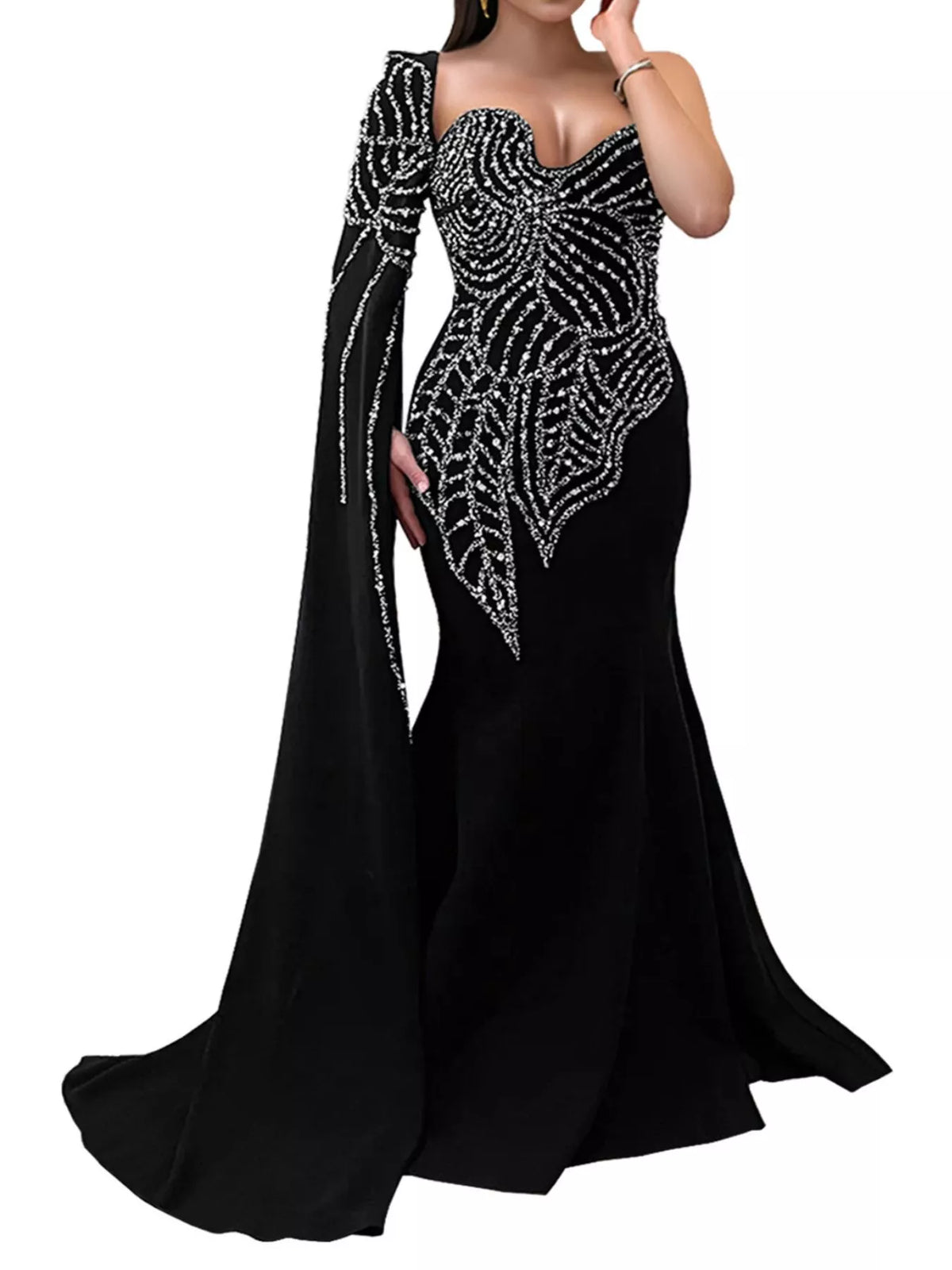 Rhinestone Pearl One-Shoulder Mermaid Dress in Black