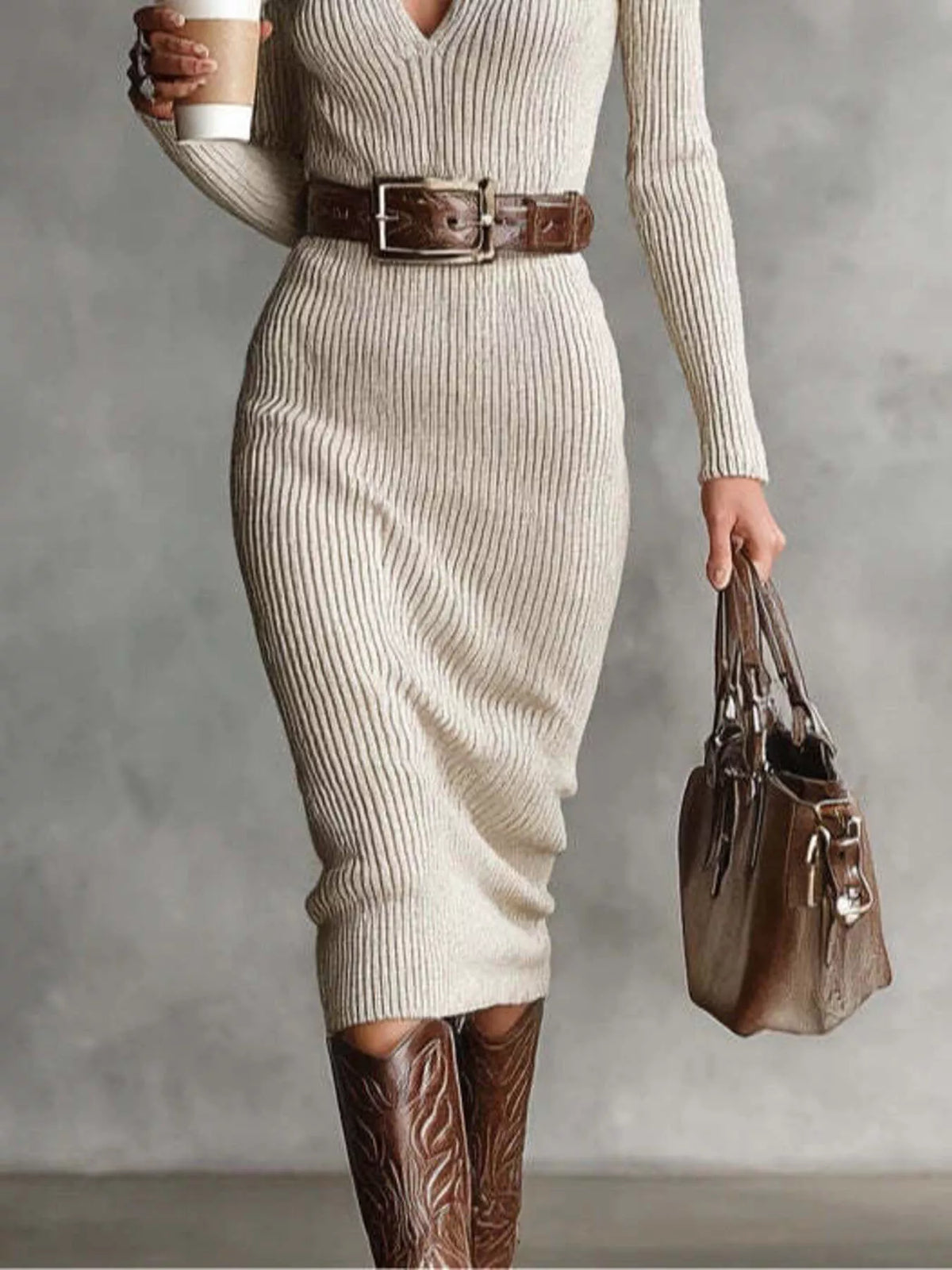 Ribbed Knit V-Neck Sweater Dress