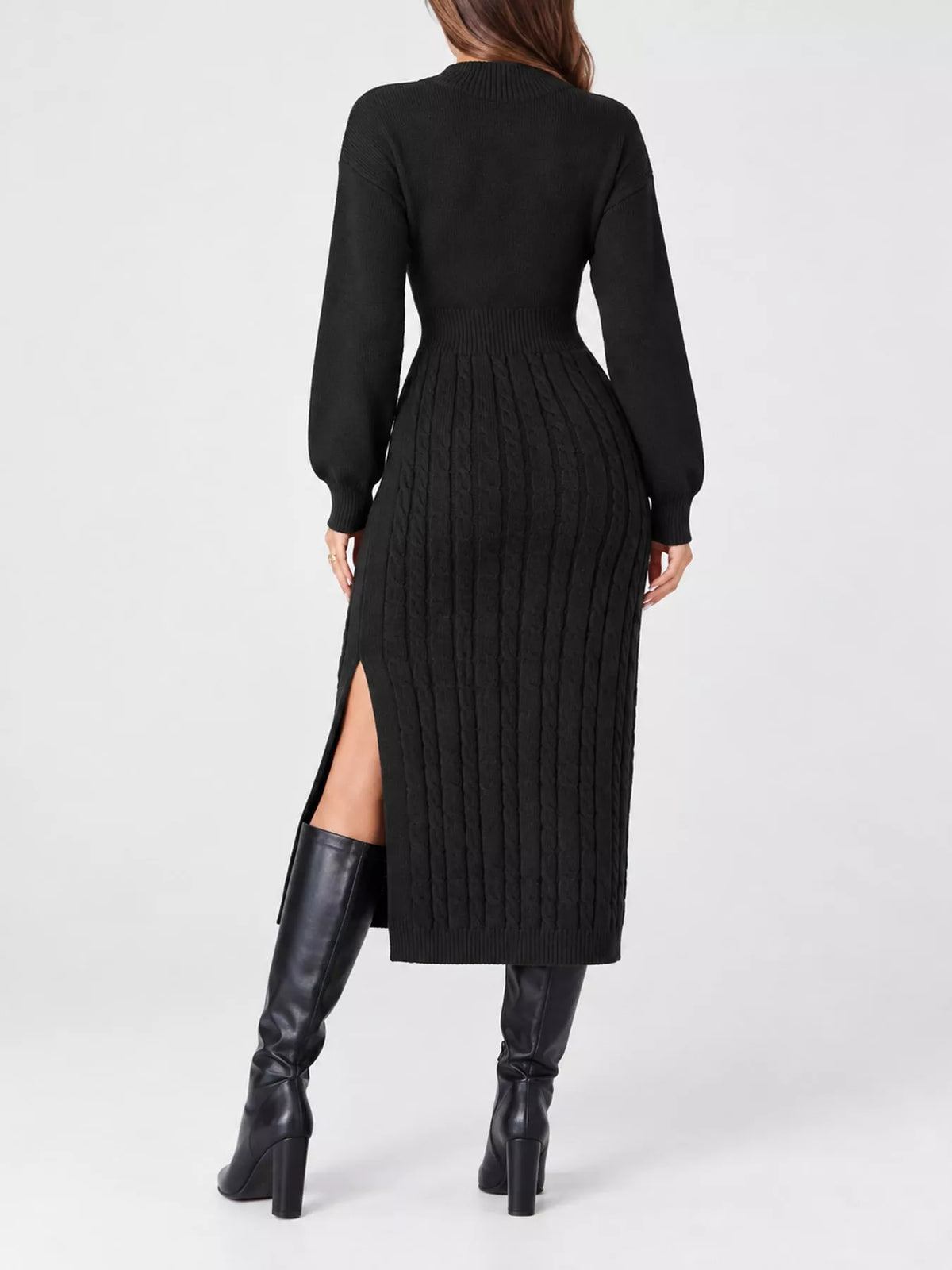 Mock Neck Cable Knit Sweater Dress with Front Slit