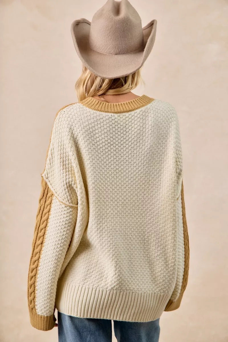 Mustard Ivory Cable Knit Hacci Combo Sweater in Lt mustard/ivory by BiBi