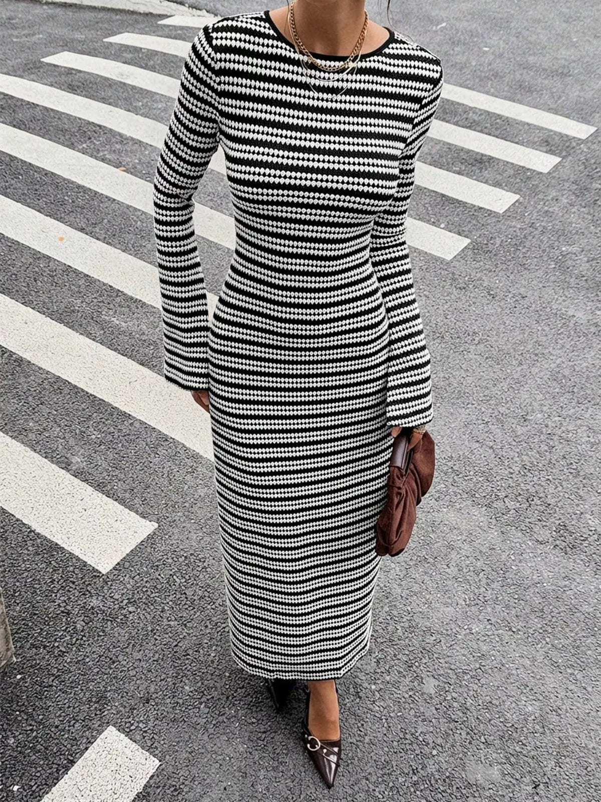 Striped Sweater Dress with Flared Sleeves