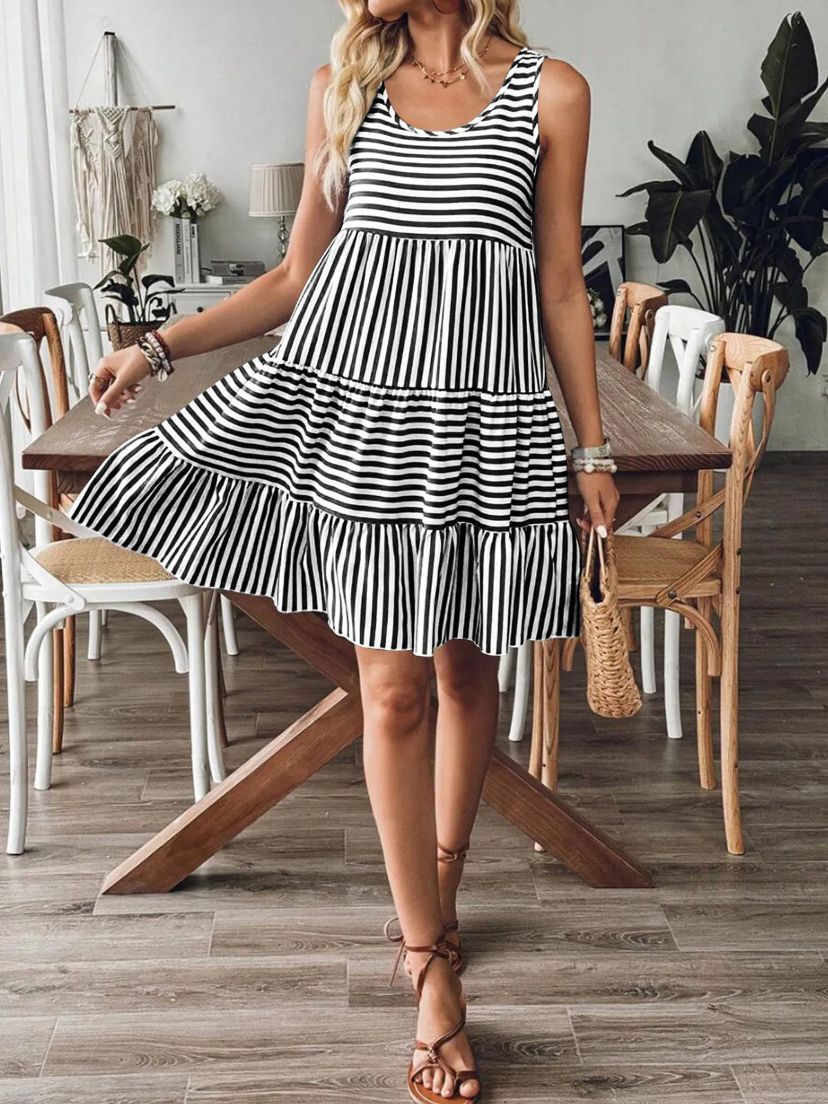 Striped Tiered Ruffle Tank Dress in Blue