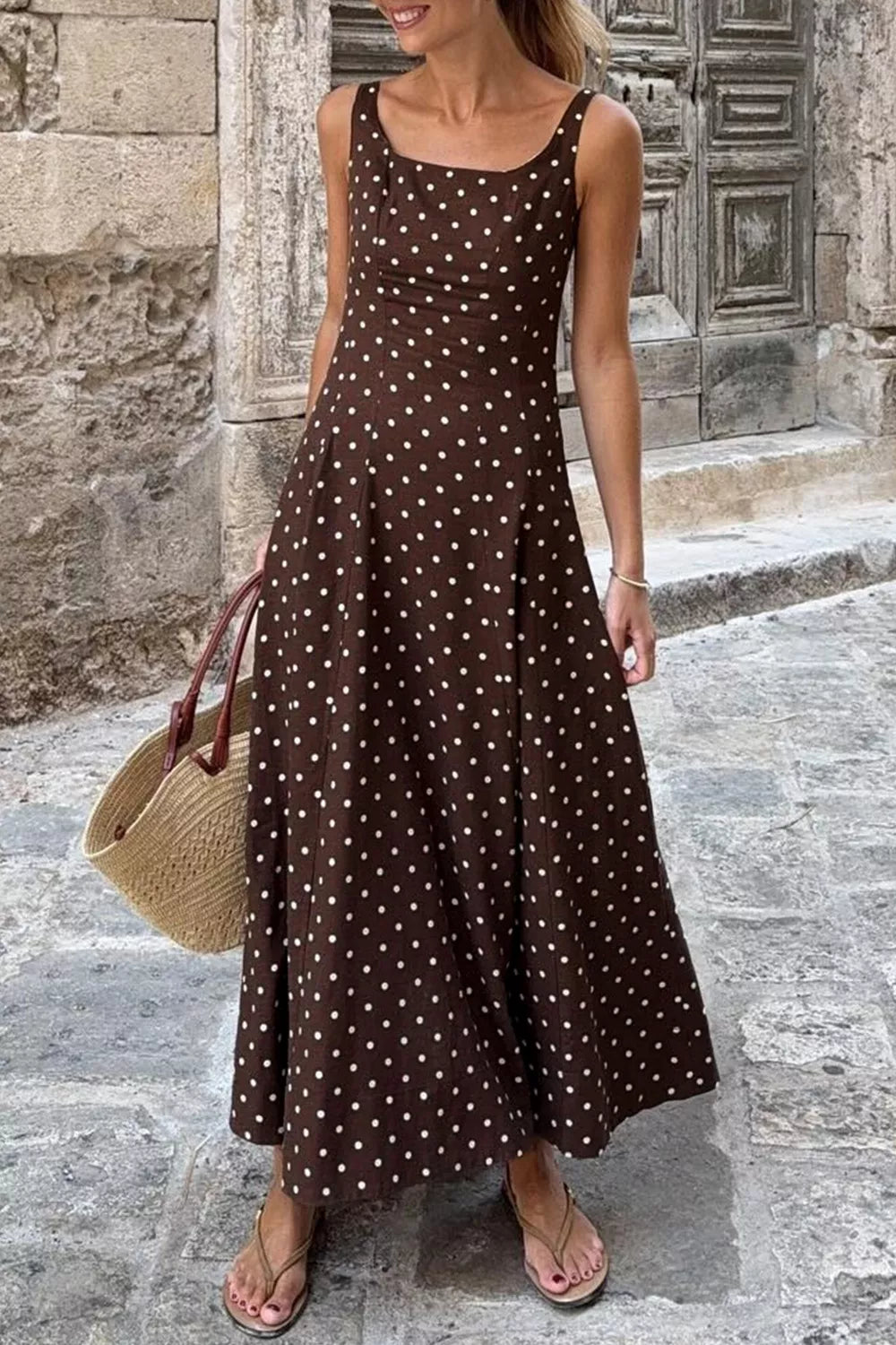 Polka Dot Square Neck Maxi Dress in Coffee Brown