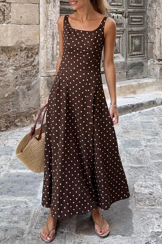 Polka Dot Square Neck Maxi Dress in Coffee Brown