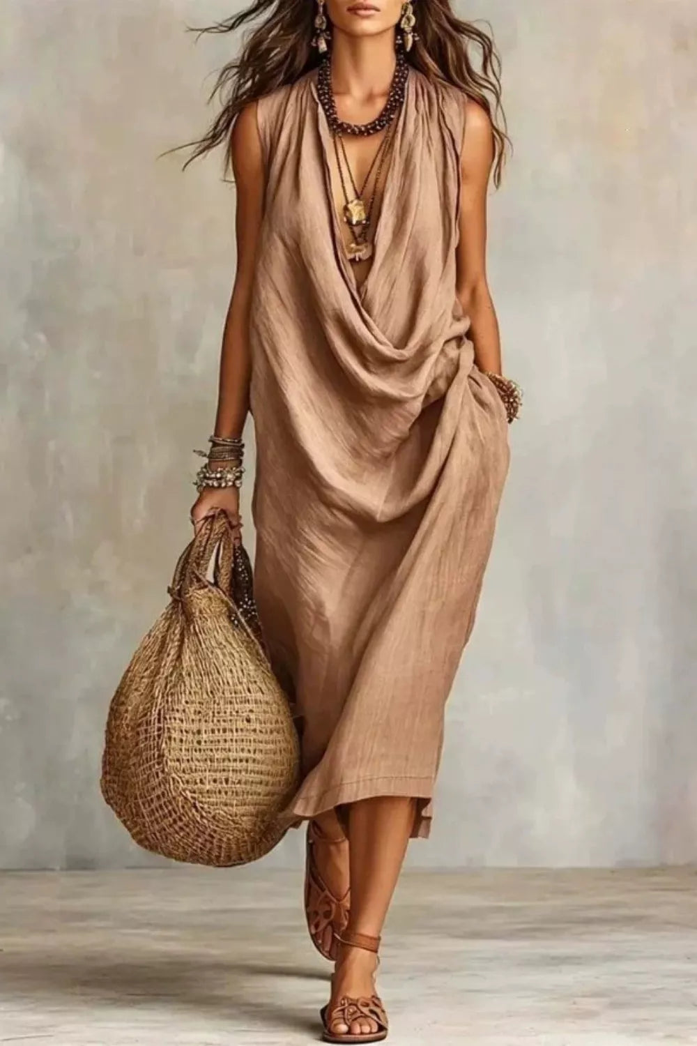 Sleeveless Drape-Neck Midi Dress with Pockets