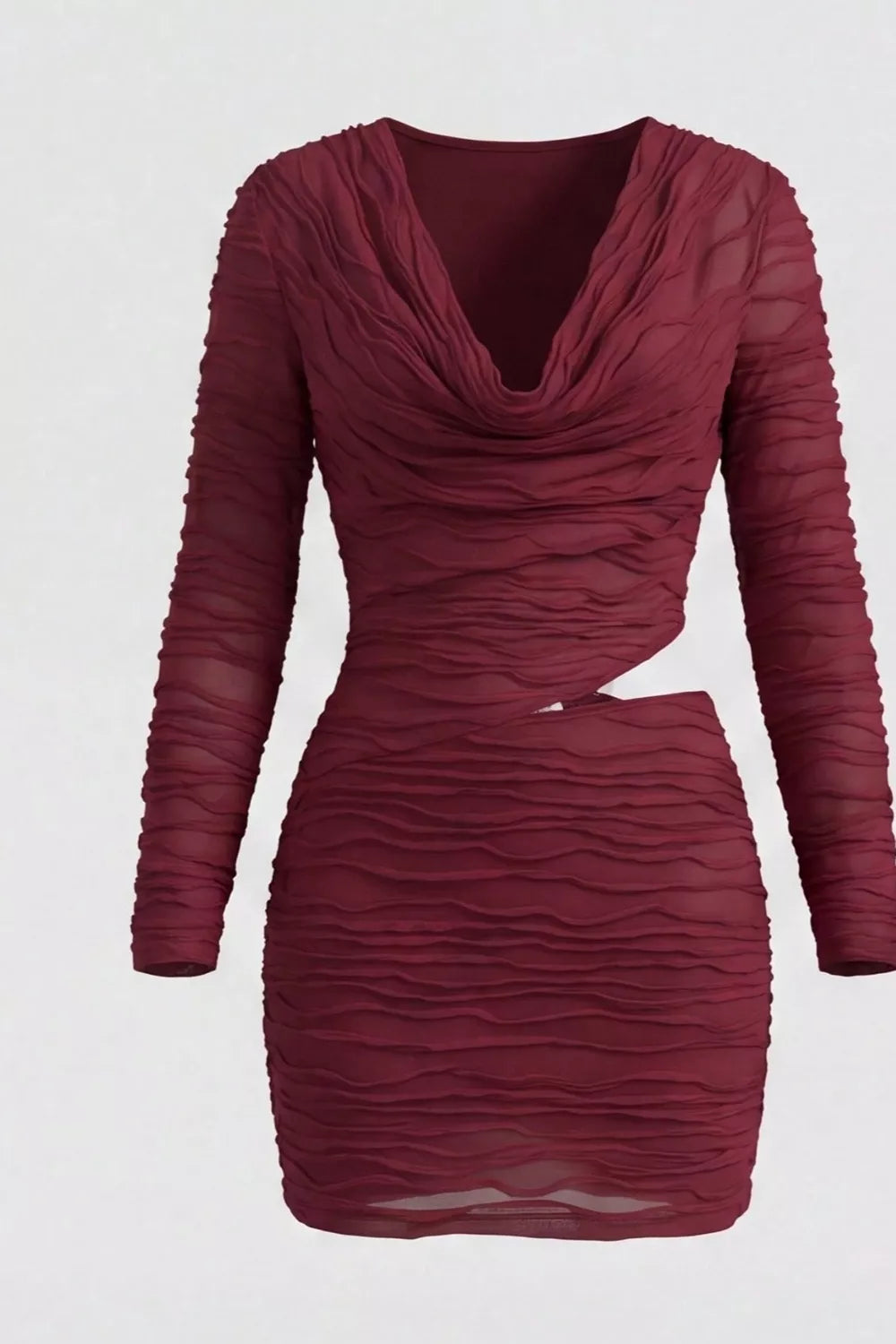 Ruched Cutout Cowl Neck Long Sleeve Mini Dress in Burgundy