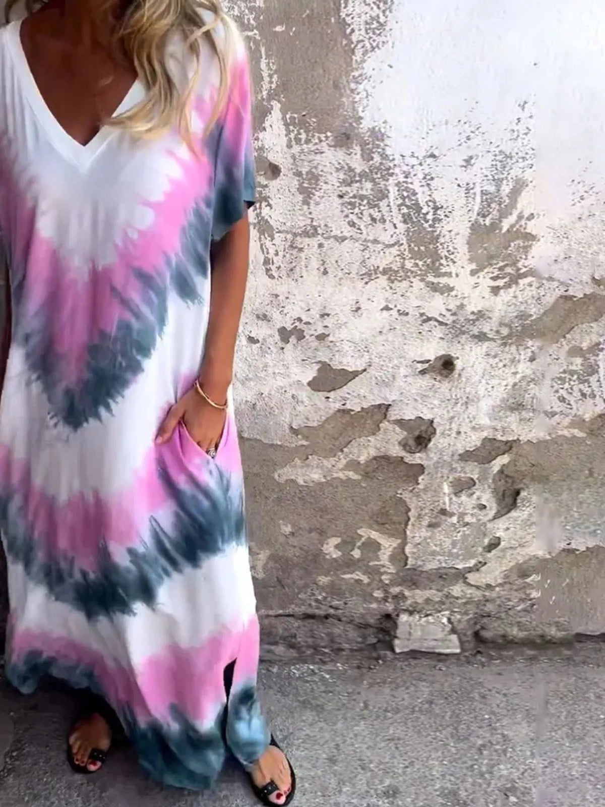 Tie-Dye V-Neck Midi Dress with Pockets