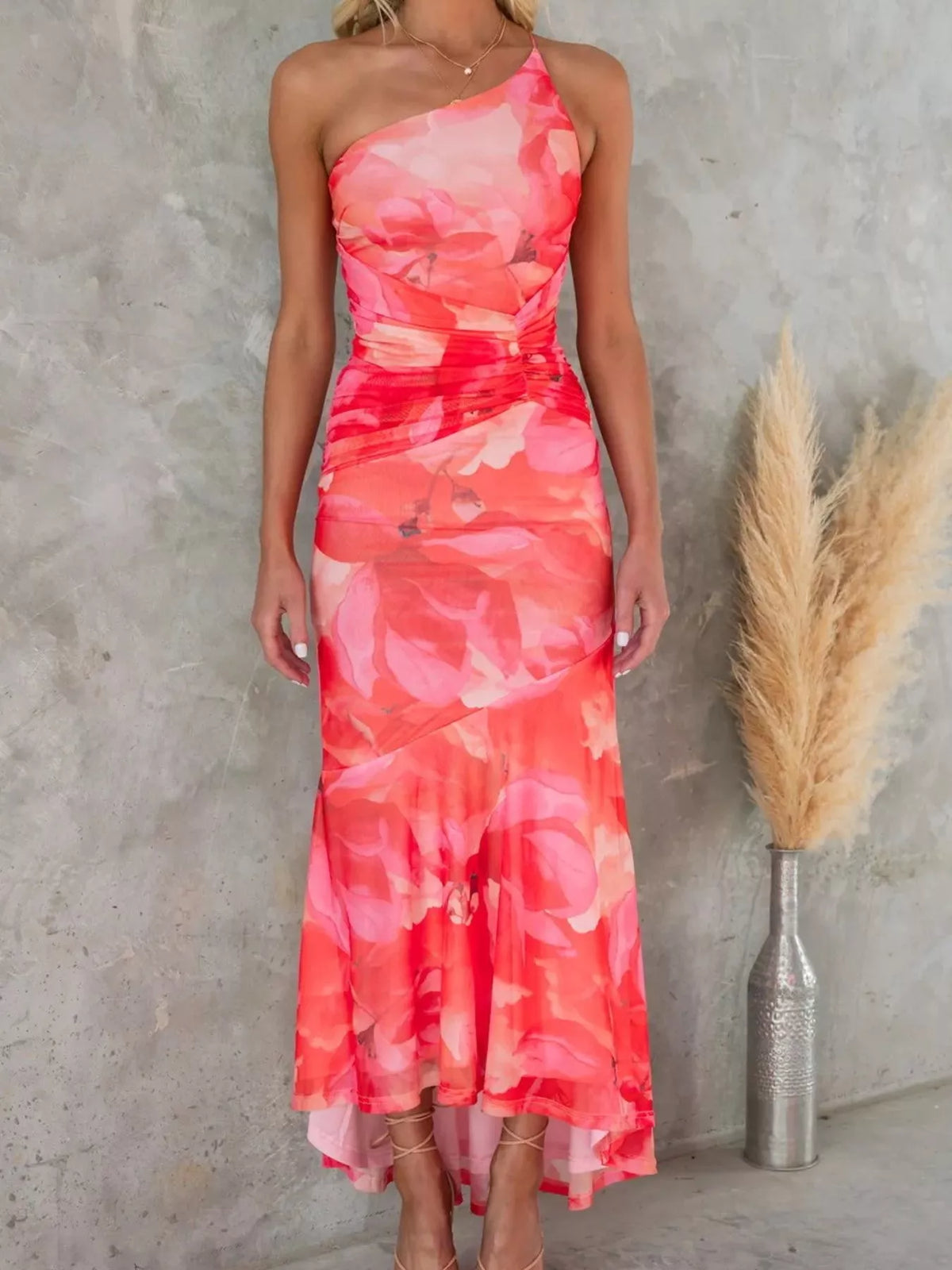 Floral One-Shoulder Ruched Maxi Dress