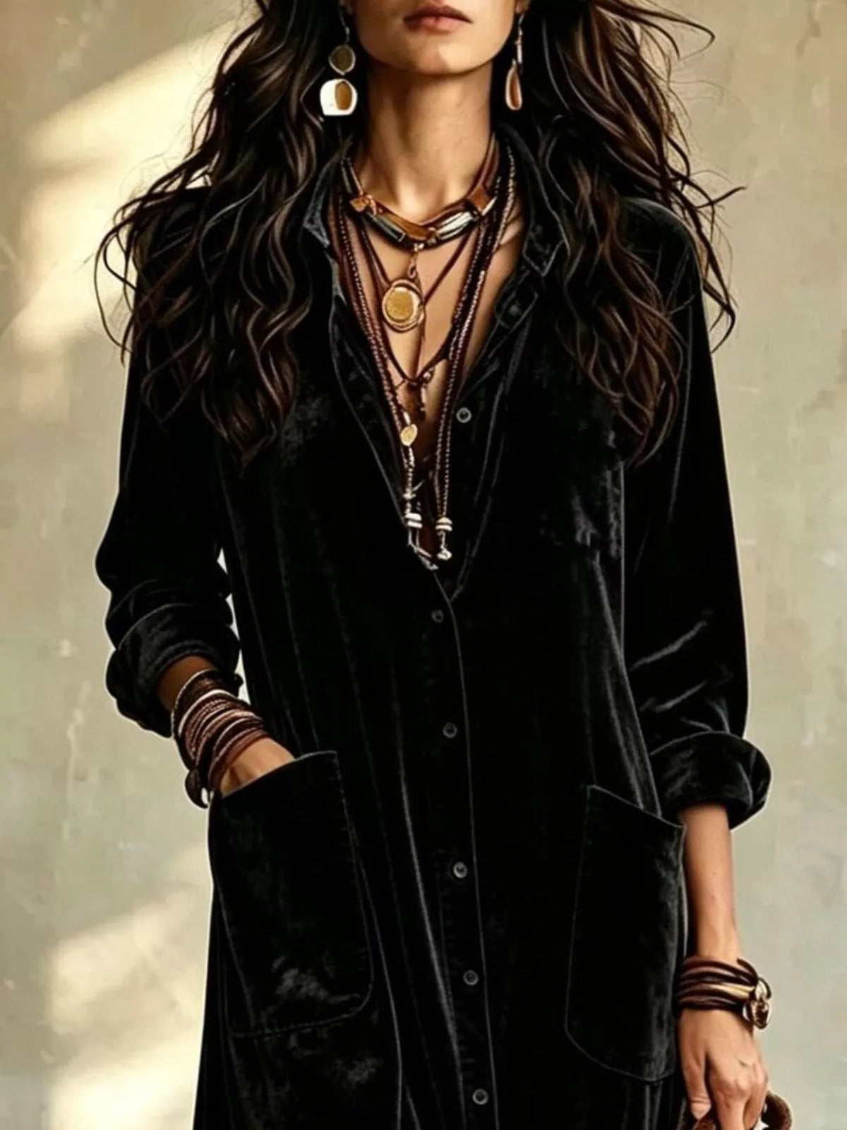 Bohemian Velvet Button-Down Maxi Dress