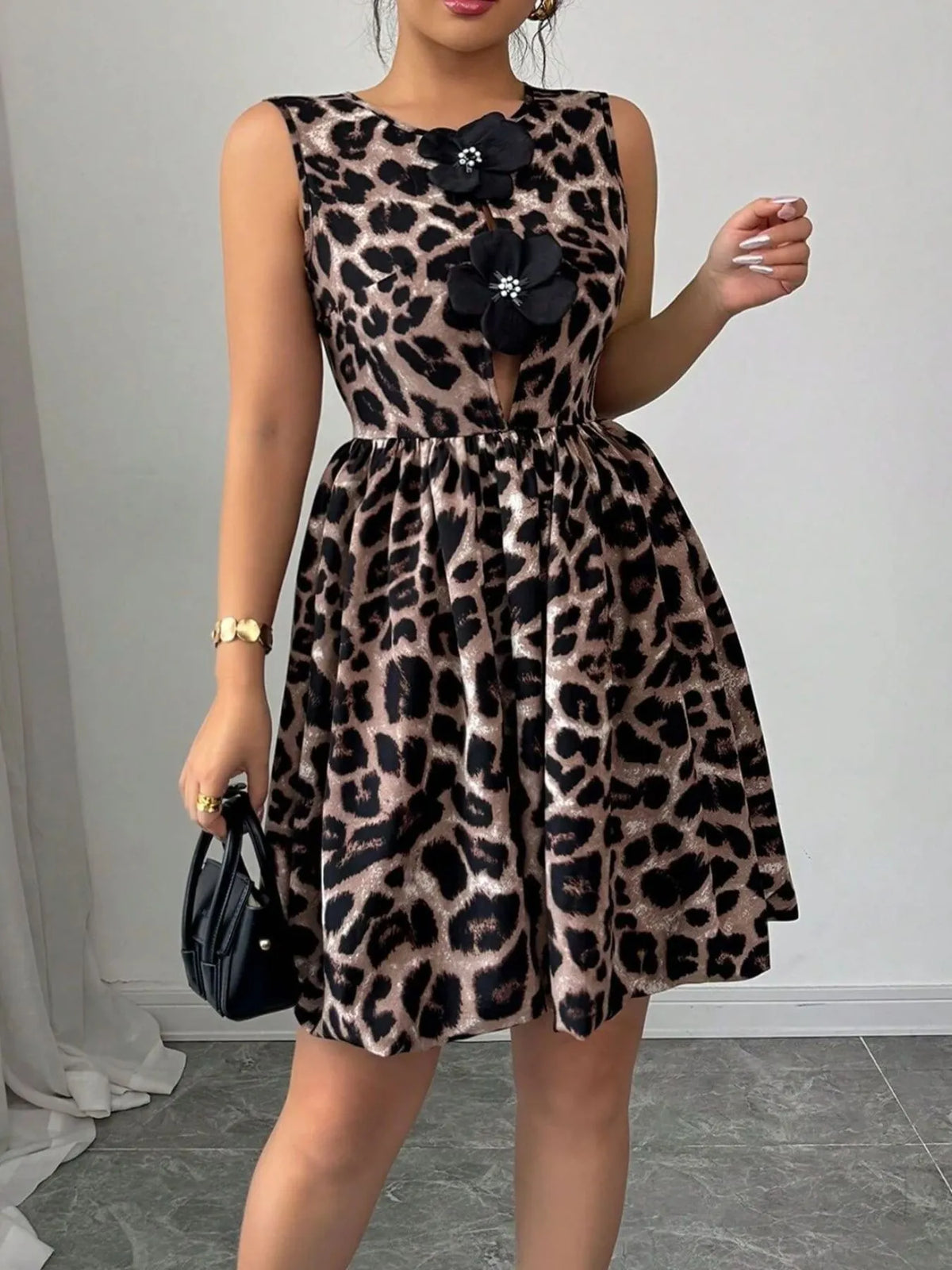 Leopard Print Fit and Flare Mini Dress in Chocolate