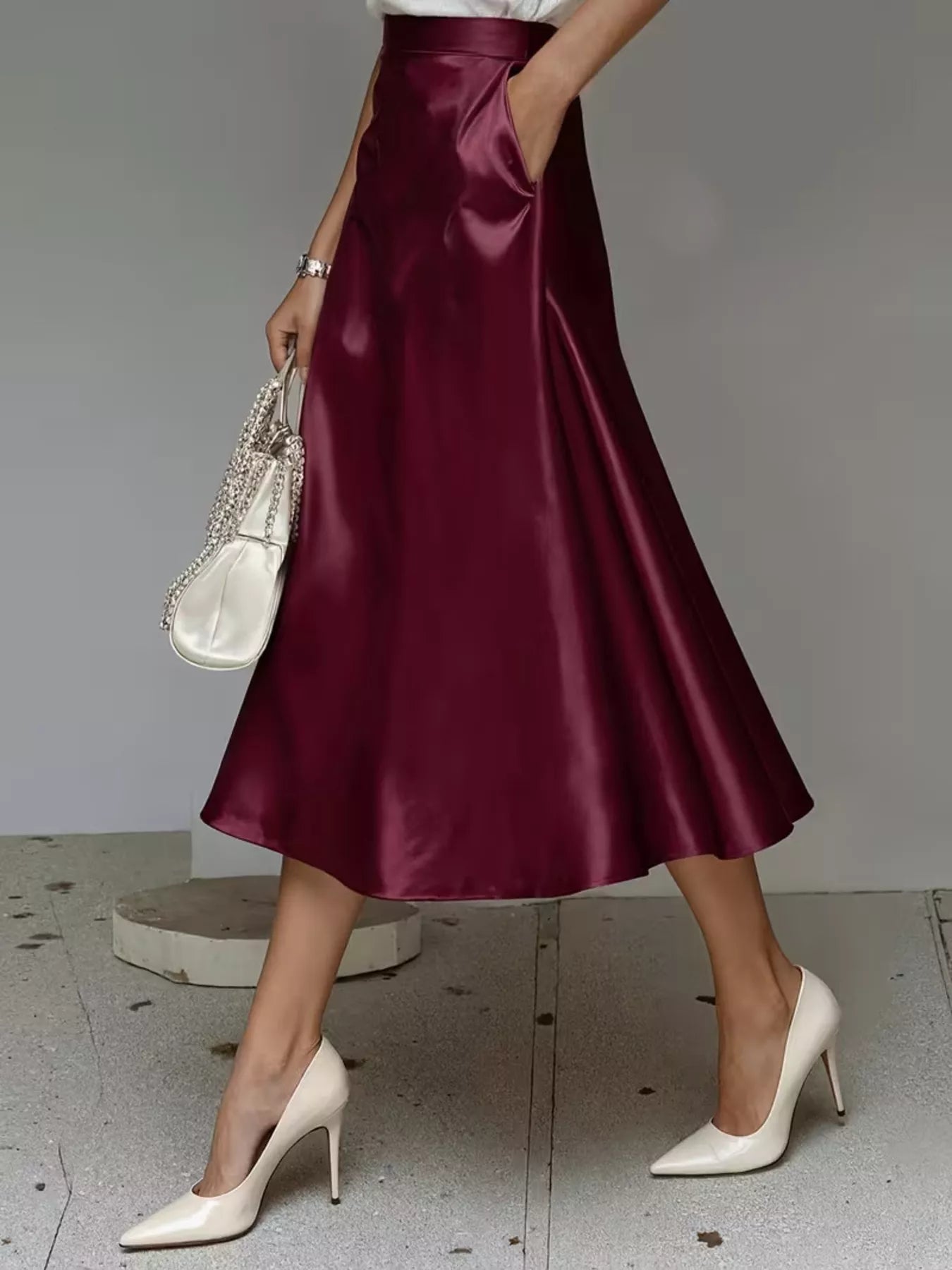 Satin Midi Skirt with Pockets