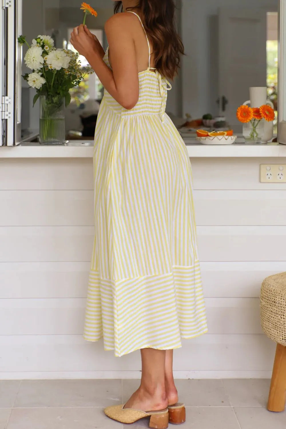 Striped Smocked-Back Midi Dress