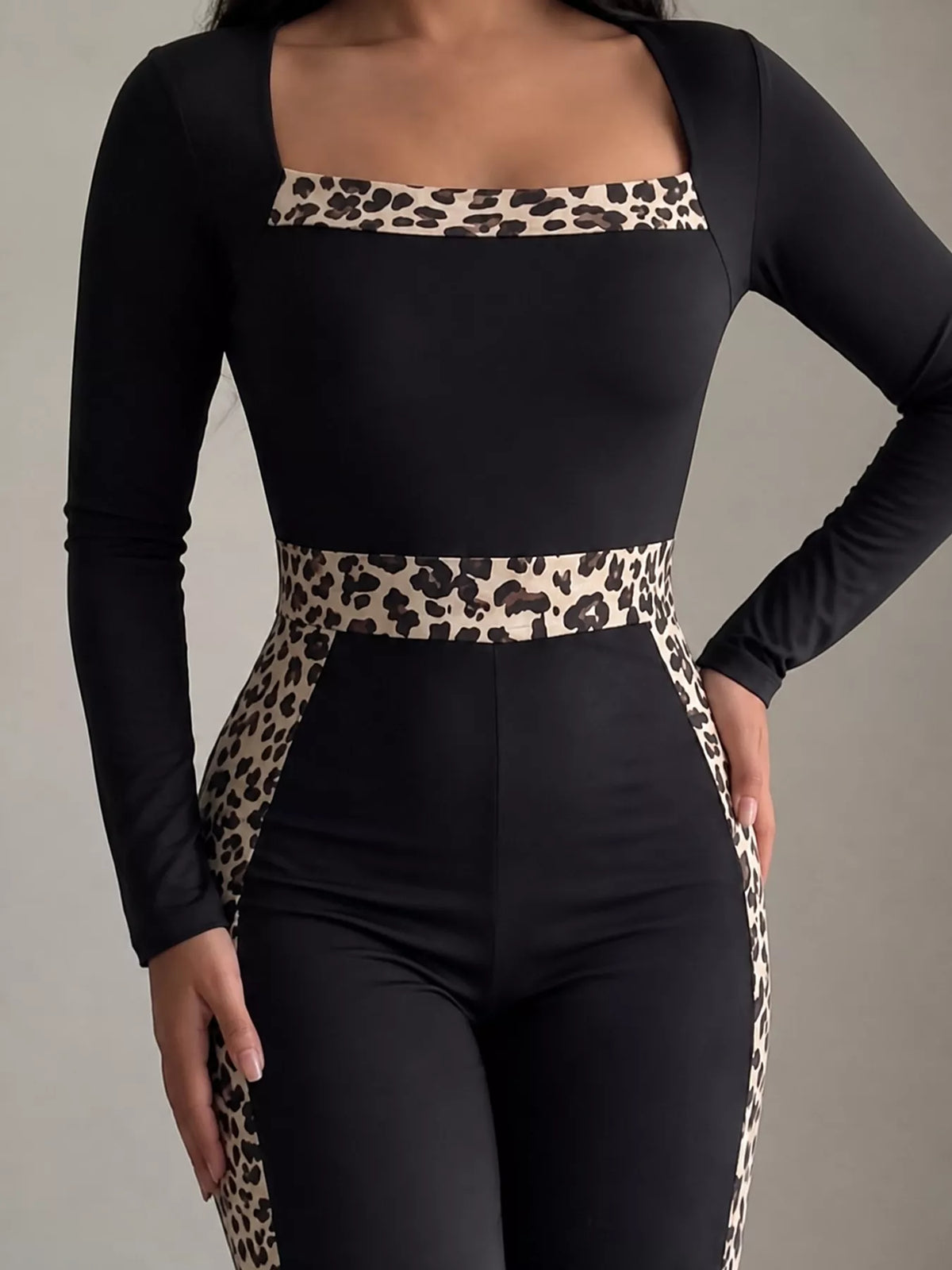 Leopard Trim Long Sleeve Jumpsuit in Black