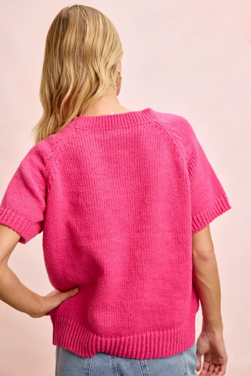 Fuchsia Lemon Flower Embroidered Knit Top in Fuchsia/Lemon by BiBi
