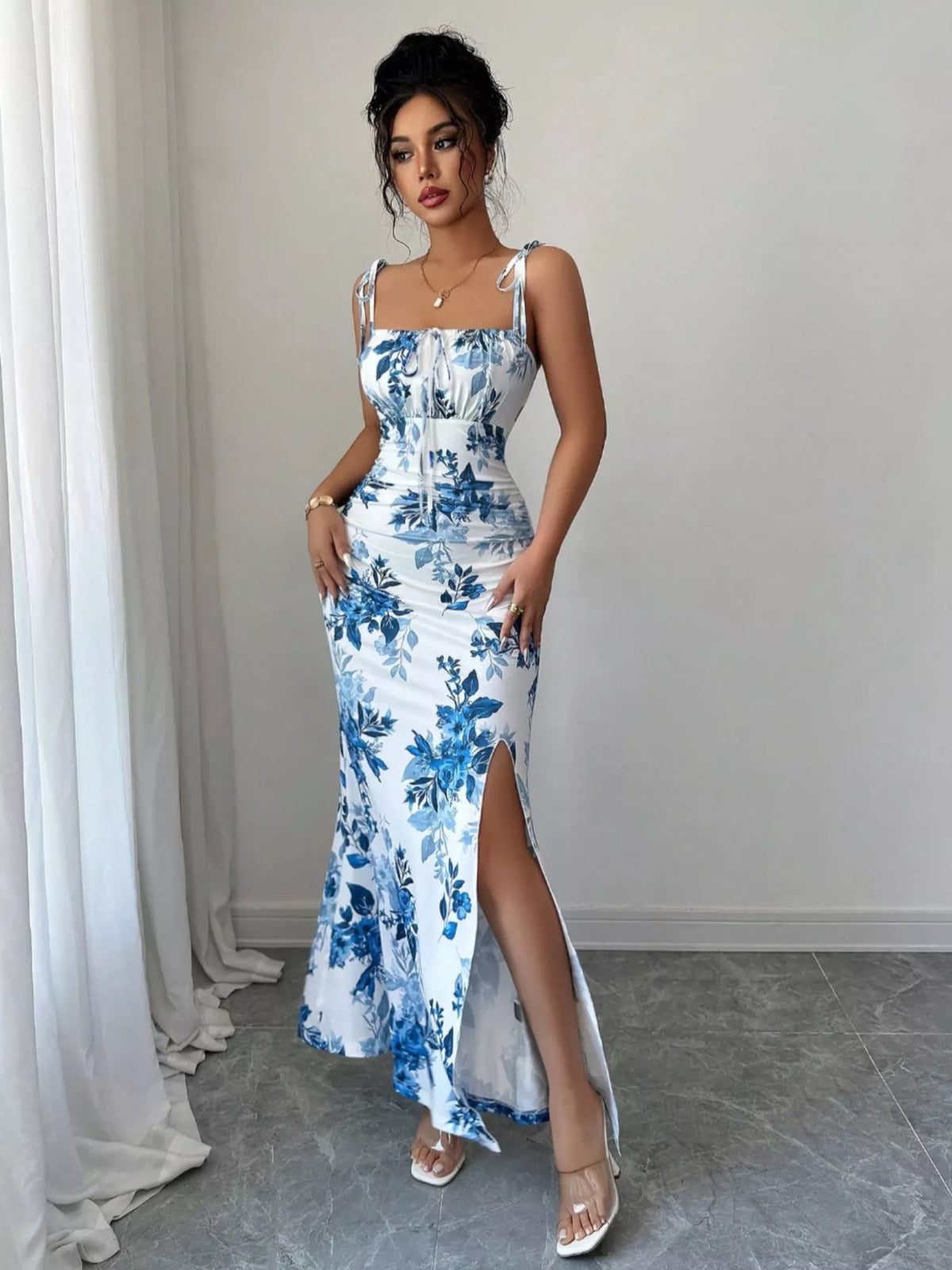 Printed Tie Strap Maxi Dress with Slit