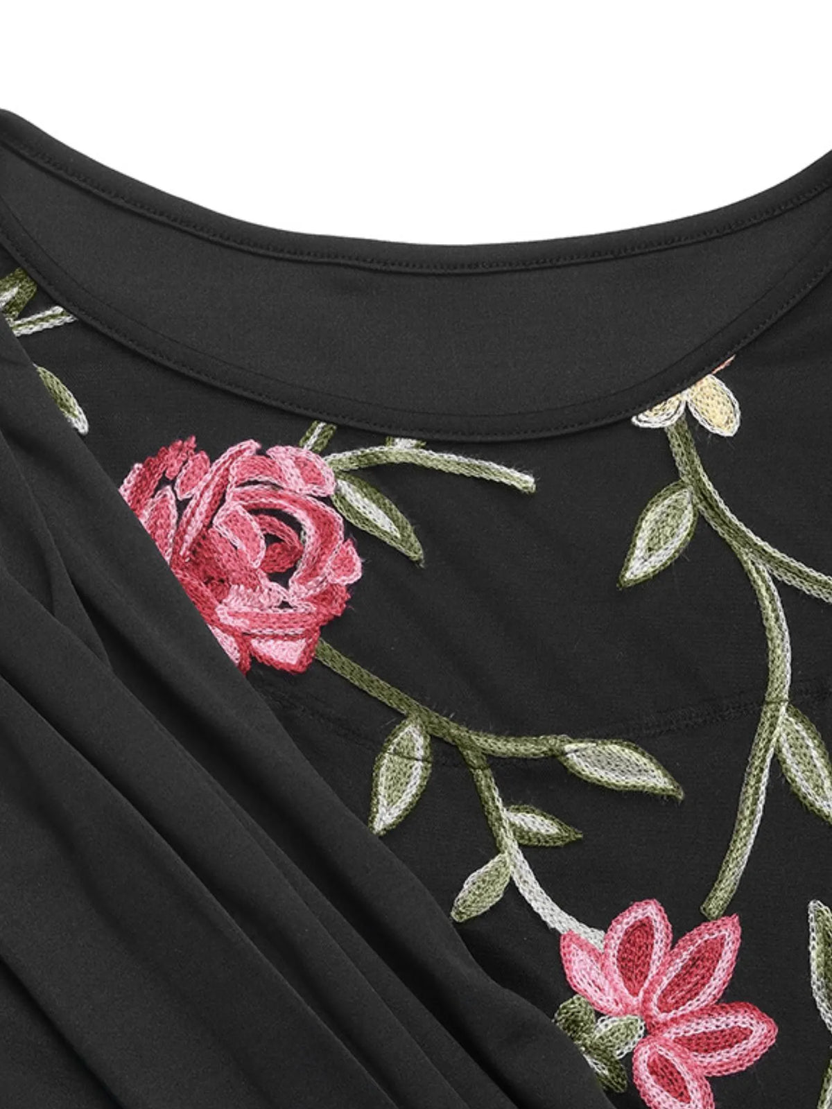 Floral Mesh Sleeve Ruched Maxi Dress in Black