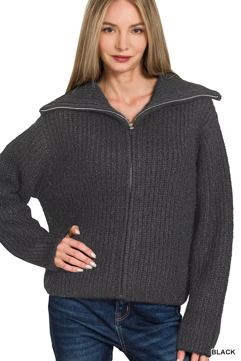 Zenana High Neck Full-Zip Cardigan in Black