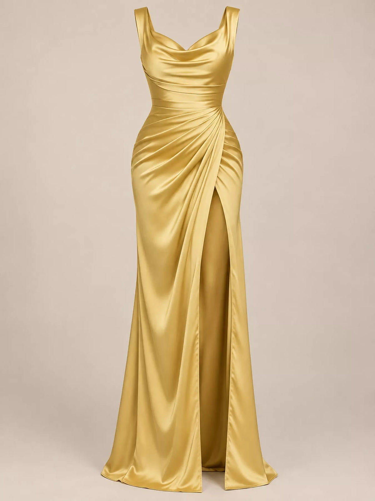 Satin Cowl Neck High-Slit Evening Maxi Dress