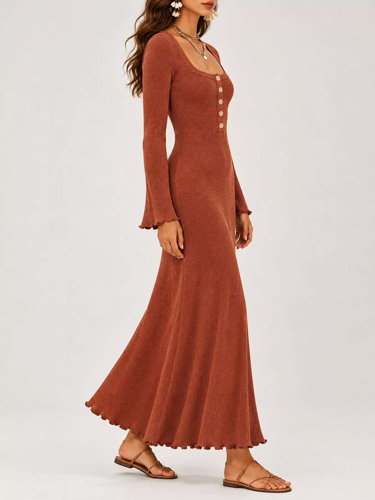 Button-Front Ribbed Knit Maxi Dress