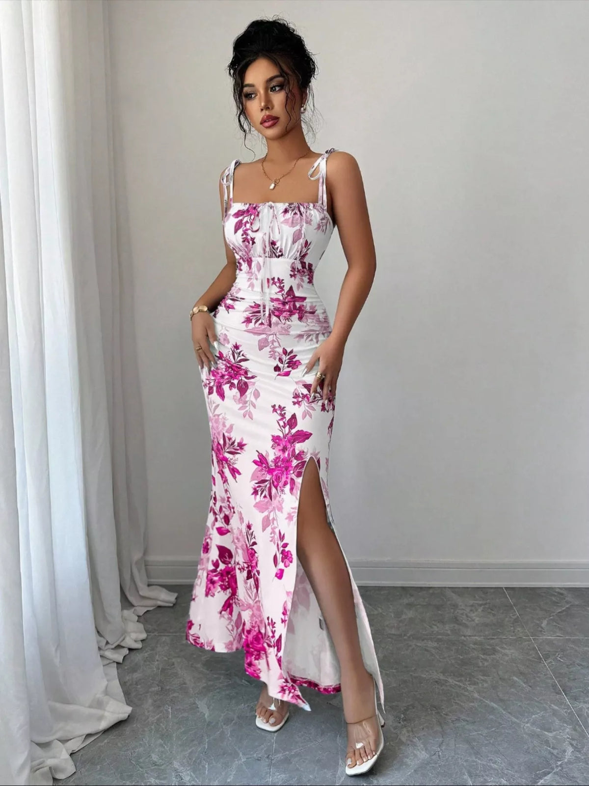 Printed Tie Strap Maxi Dress with Slit