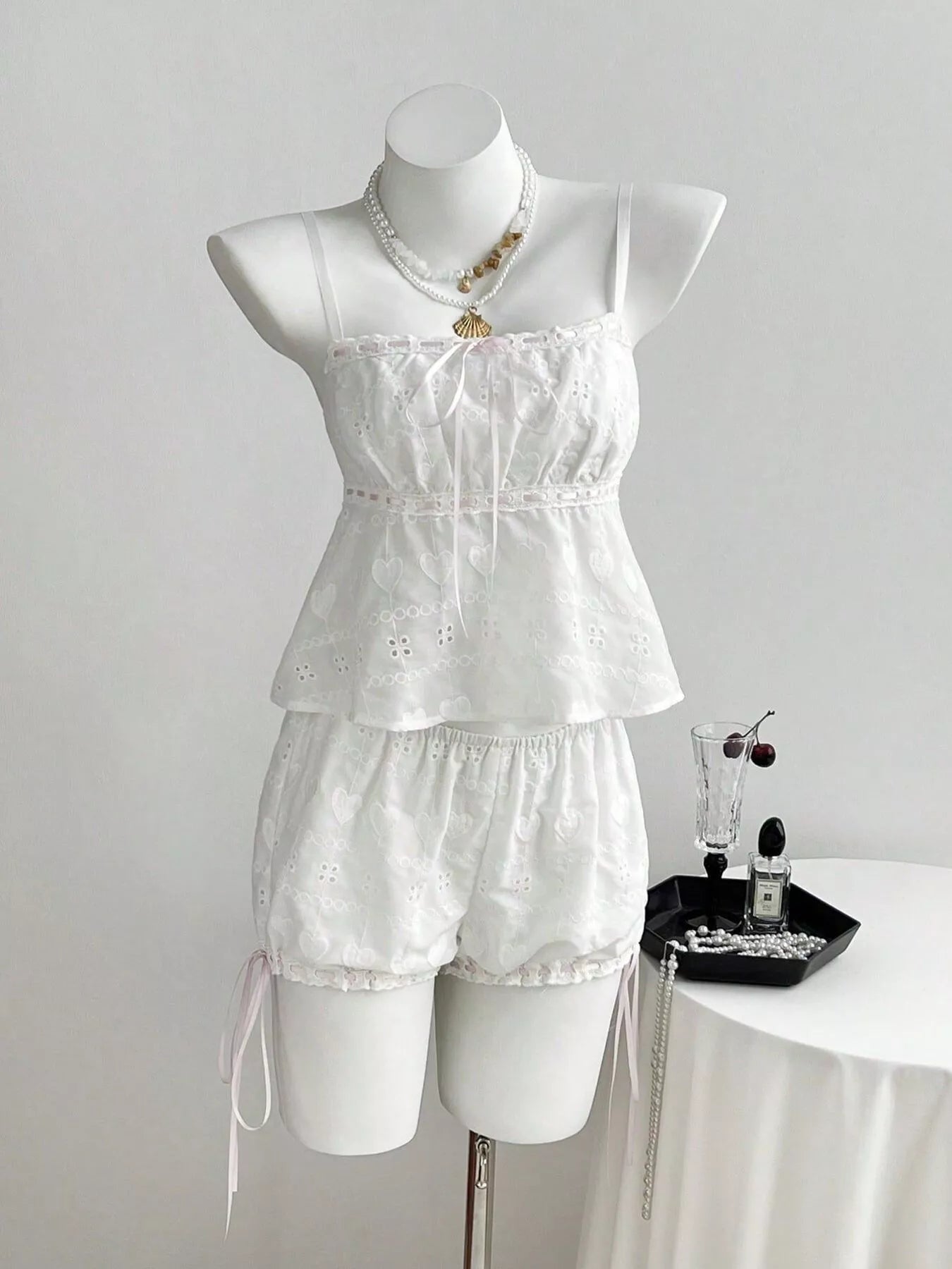 Lace Eyelet Cami and Shorts Set in White