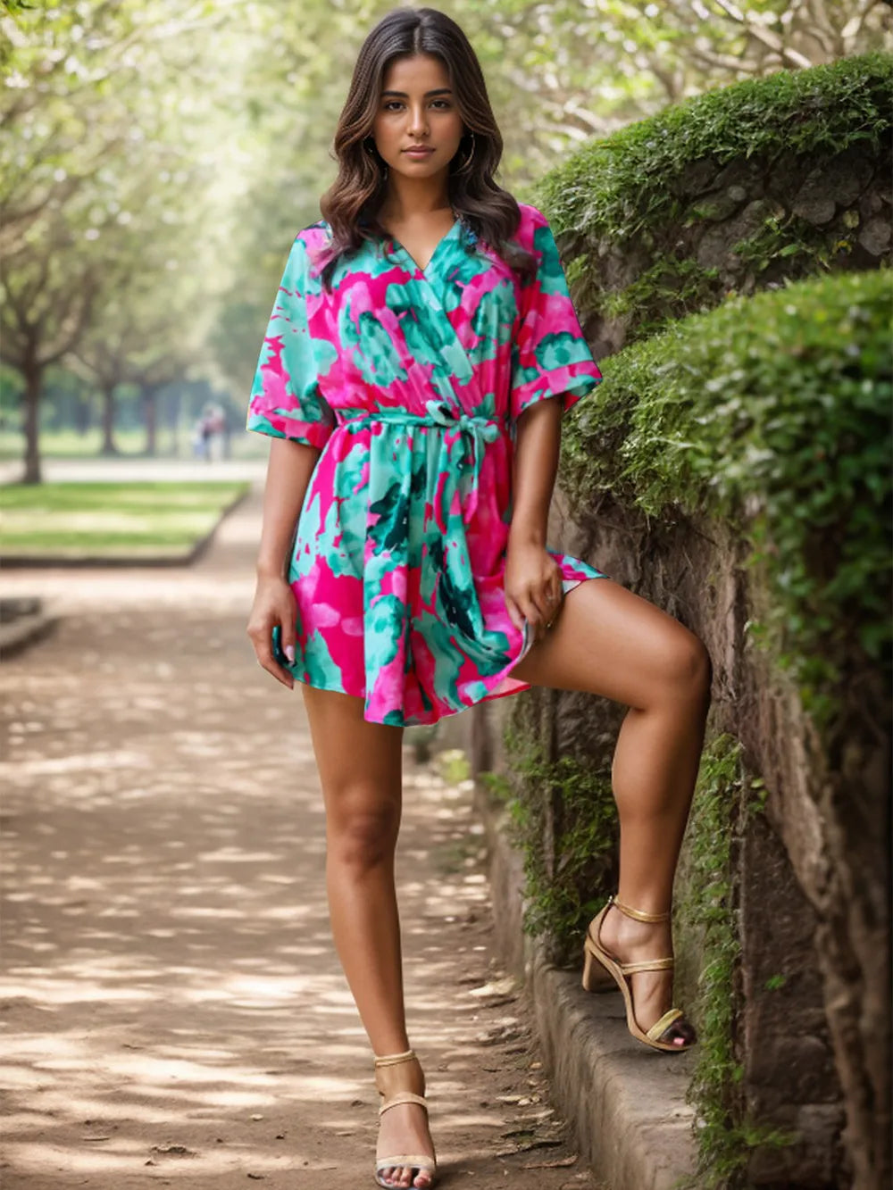 Printed Surplice Half-Sleeve Romper