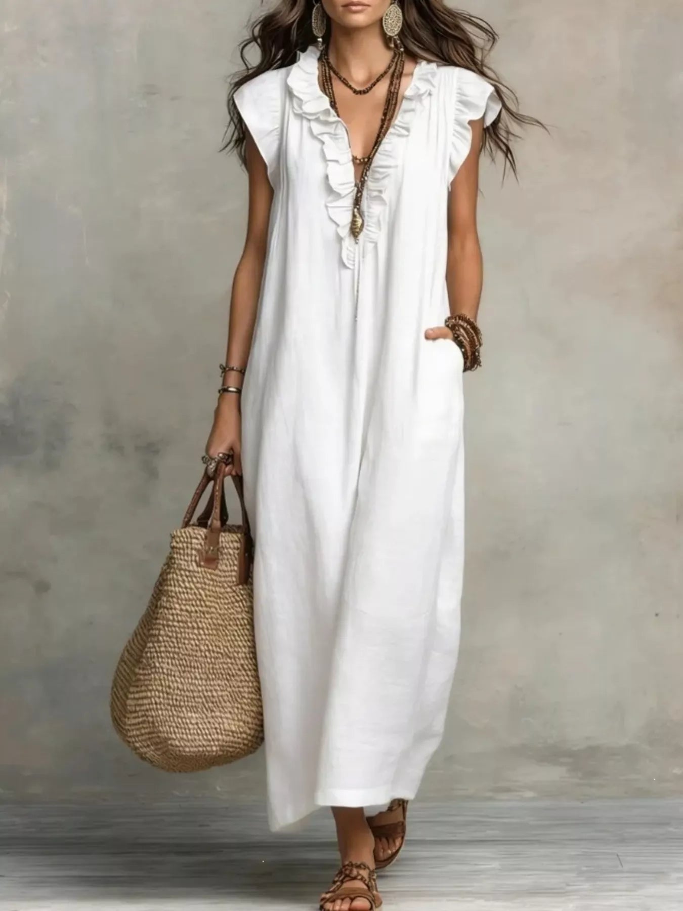Ruffled V-Neck Cap Sleeve Maxi Dress Plus Size