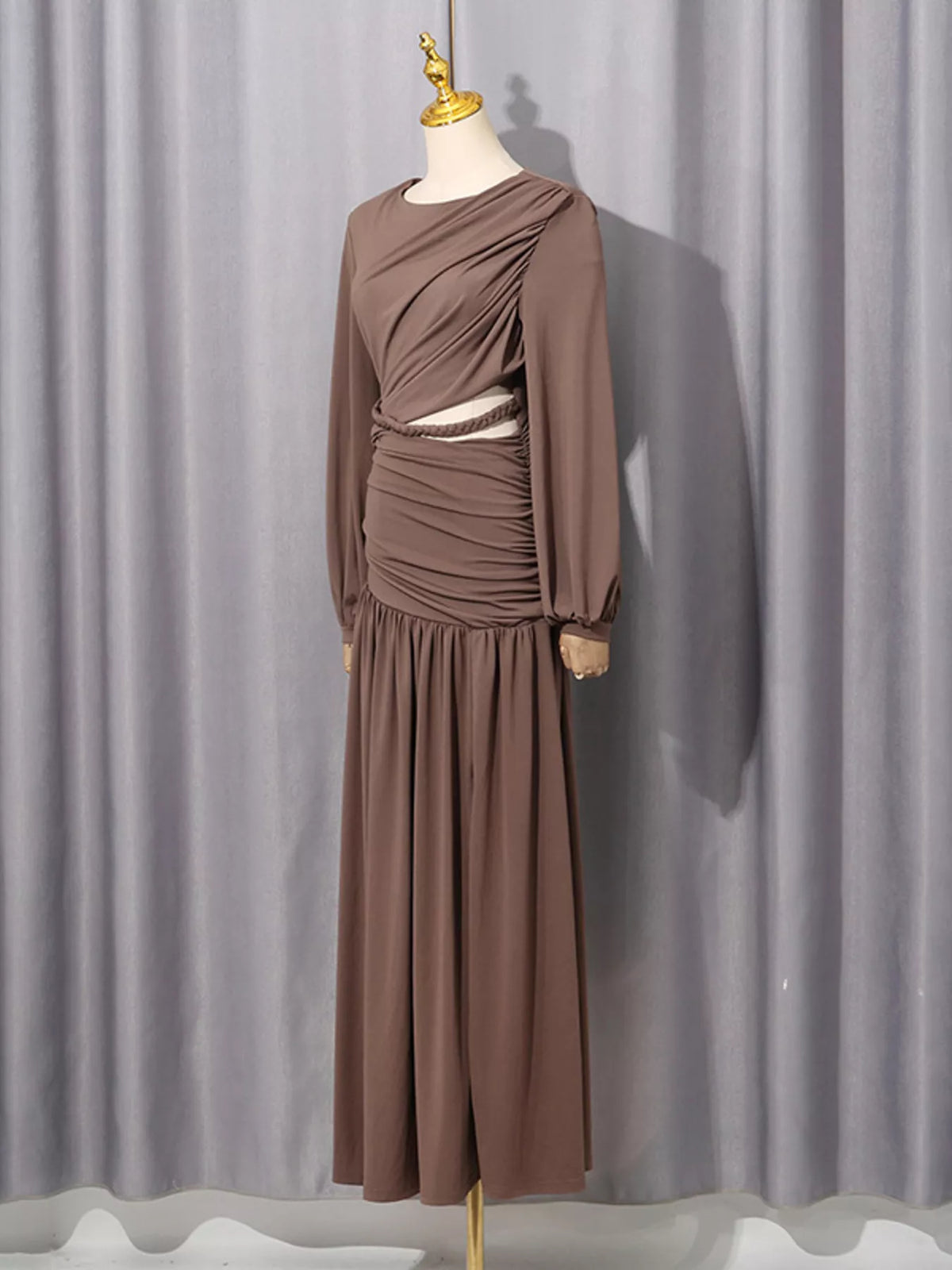 Ruched Long-Sleeve Maxi Dress in Brown