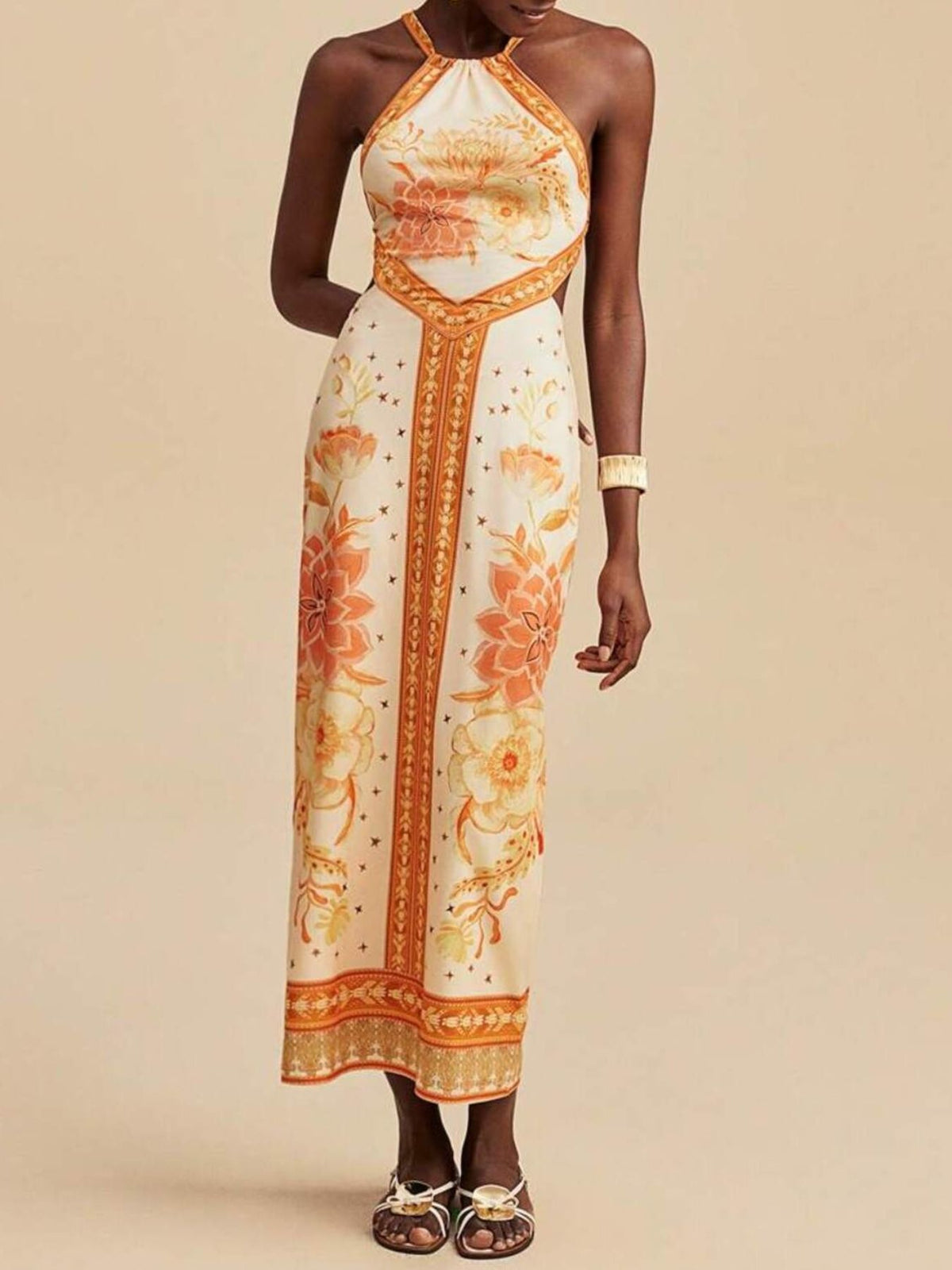 Floral Print Halter Neck Maxi Dress in Yellow