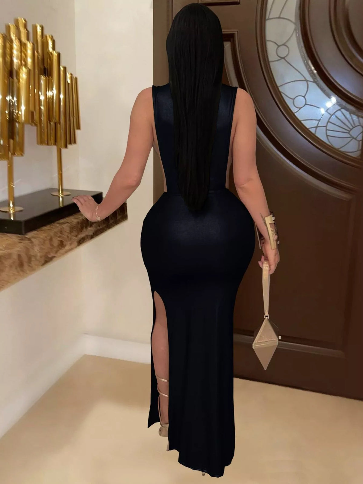 Mock Neck Ruched Cut-Out Maxi Dress
